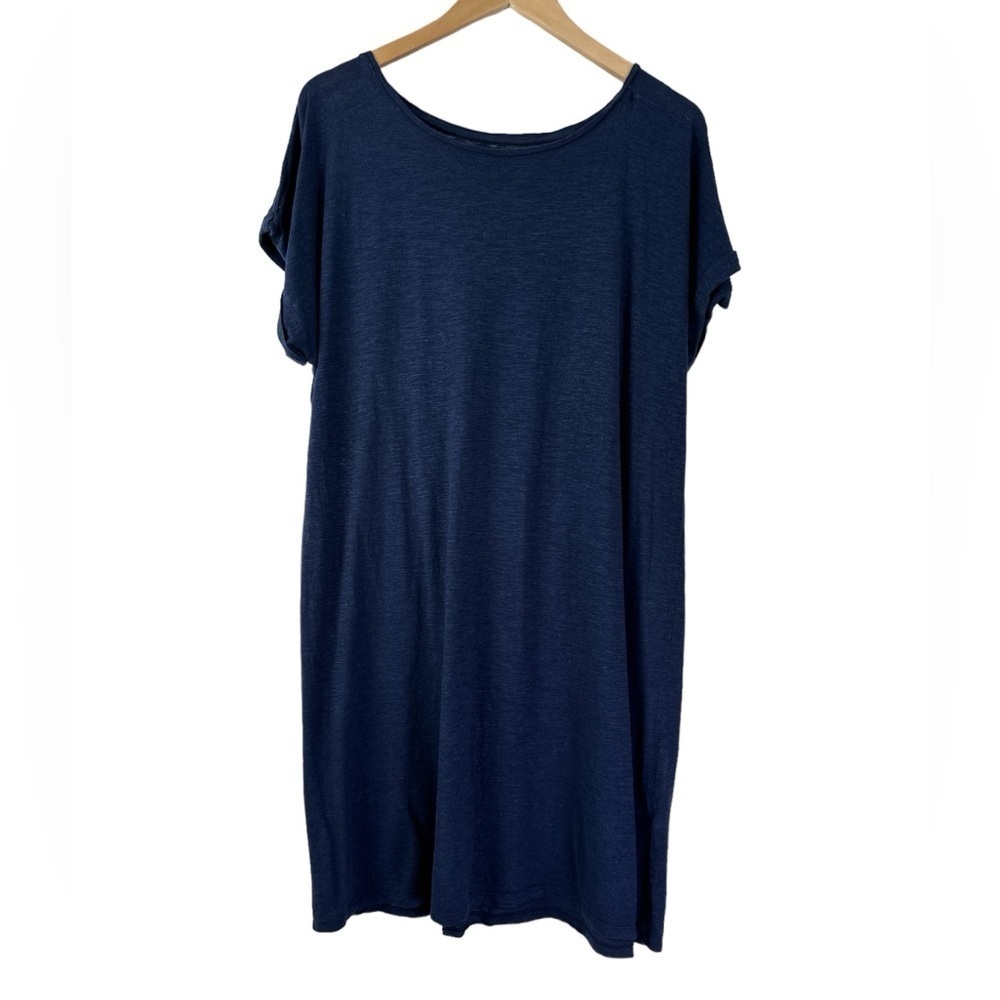 Eileen‎ Fisher Slub Knit Cuff Cap Sleeve Hemp Cotton Dress Navy